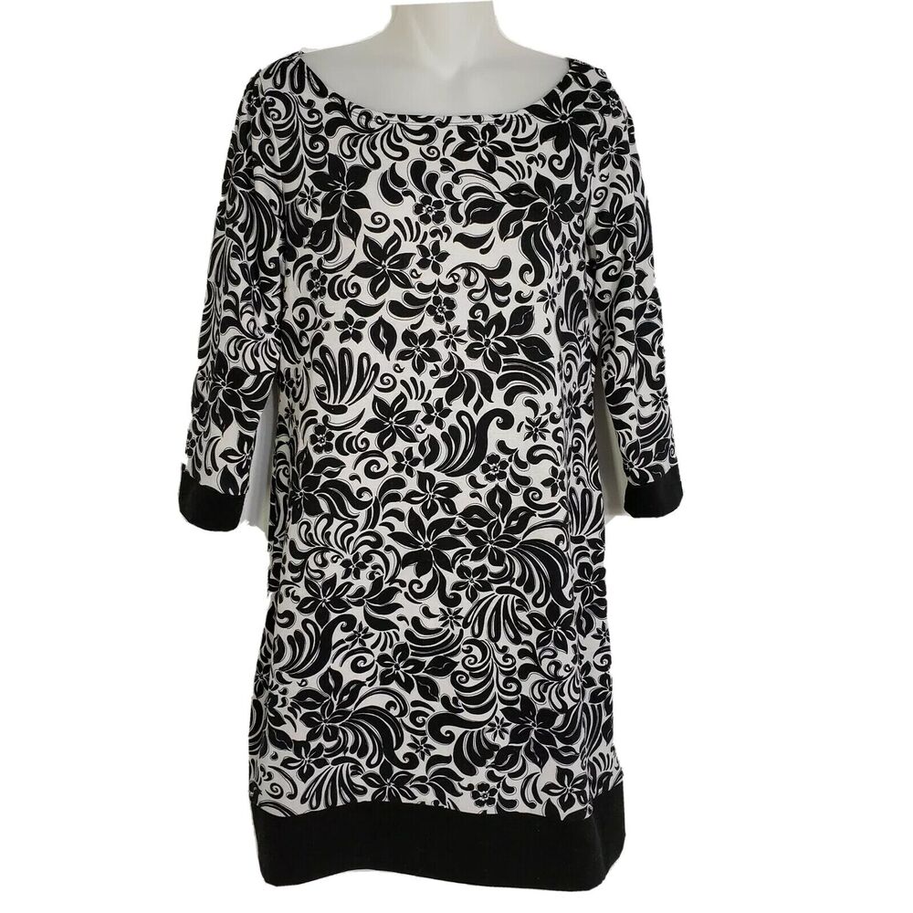 Tiana B Shift Dress Medium M 3/4 Sleeve Floral Black White Stretch Above Knee
